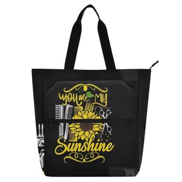 Imagem de GAIGEO Bolsa feminina de trabalho preta girassol de lona com zíper bolsa de praia utilitária infantil com compartimentos