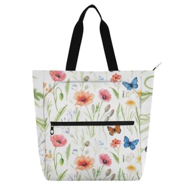 Imagem de GAIGEO Butterfly Bloom Bolsa de Trabalho Branca para Mulheres Lona Escolar Bolsa de Tecido Presente para Amantes de Livros