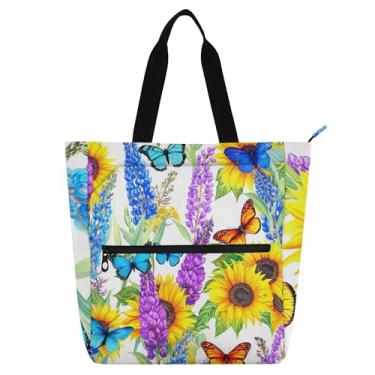 Imagem de Linda bolsa de trabalho de girassol Butterfiles para mulheres, bolsa de lona para livros de praia com zíper, bolsas de viagem, presente para amantes de livros