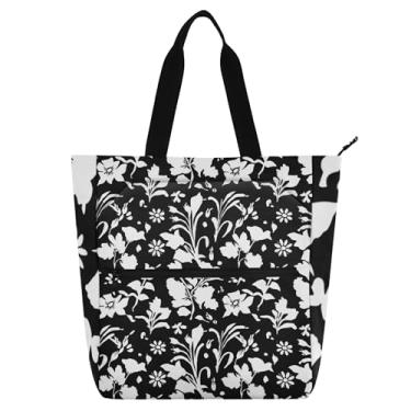 Imagem de GAIGEO Sacola preta com silhuetas florais brancas para mulheres e crianças com zíper bolsa escolar média para trabalho