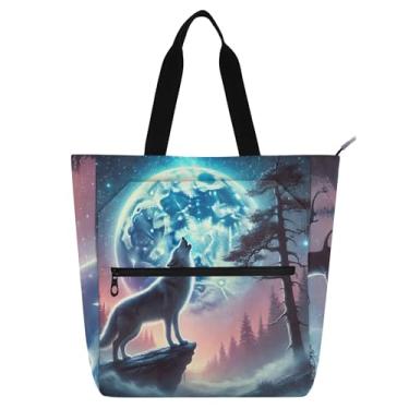 Imagem de GAIGEO Bolsas de trabalho femininas com lobo uivando, lua, lona, praia, livros, zíper, carteiro, carteiro, amantes de livros