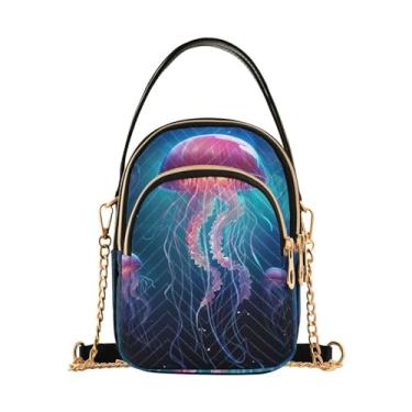 Imagem de Bolsa de ombro transversal com pintura de jardim com flores, bolsas transversais femininas, bolsas transversais modernas, Água-viva azul no oceano com luzes neon - 2, One Size
