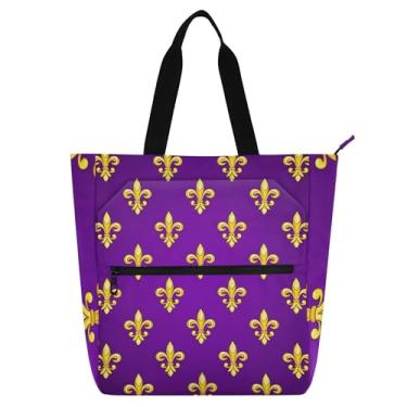 Imagem de Fleur De Lis Bolsa de trabalho feminina dourada roxa sacola de lona para livros de praia com zíper bolsas médias para amantes de livros presentes