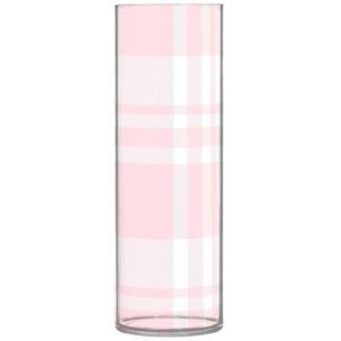Imagem de Vasos de centro de mesa cilíndricos texturizados xadrez rosa para mesa, vasos altos de plástico personalizados, peças centrais de mesa com estampa floral, 30 cm x 9,9 cm