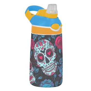 Imagem de Garrafa de água infantil Sugar Skulls Red Blue Roses Dark com canudo 473 ml, 473 ml, garrafa de água esportiva Tritan à prova de vazamento, copos de viagem portáteis para crianças, reutilizáveis, alça