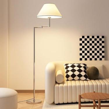 Imagem de Luminária de chão nórdica ajustável com cúpula de tecido branco, design de braço articulado cromado, luminária de canto moderna para sala de estar, quarto e escritório - Lâmpada LED incluída