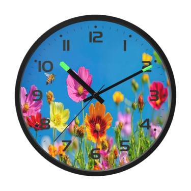 Imagem de SEHANY Herb Wildflower Relógio de parede silencioso sem tique-taque relógio redondo operado por bateria 30 cm controle de som luz noturna relógios de parede para sala de estar, cozinha, quarto