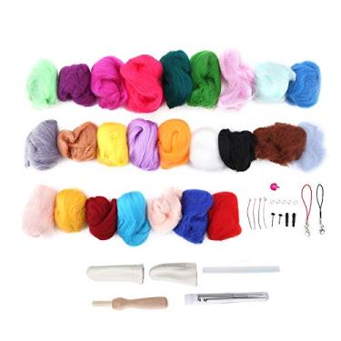 Imagem de GLOGLOW lã para Feltragem Roving de lã, Kit de para Feltragem Com Agulha de 25 Cores para Iniciantes Com 11 Agulhas para 5 Chaveiros 2 Olhos de Segurança para Artesanato DIY Iniciantes Presentes de Natal Poke Russo