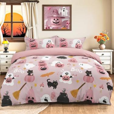 Imagem de Conjunto de capa de edredom de Halloween, rosa, abóbora, fantasma, bruxas, gato, festival, conjunto de cama com 2 fronhas, capa de edredom fofa para decoração de cama para adolescentes Grils (3 peças