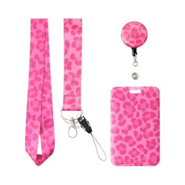 Imagem de Cordão Retrátil Rosa Com Estampa De Leopardo Para Celular, Crachá, Cha