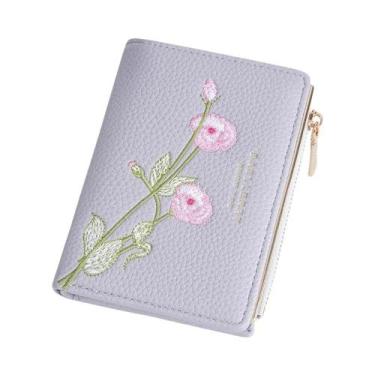Imagem de Carteira Feminina Tri-Fold Com Bordado Floral 3D, Proteção RFID, Compa