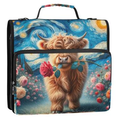Imagem de Fichário organizador de fichário Starry Night Highland Cow Rose de 3 cm com zíper resistente com alça de ombro para armazenamento escolar estojo portfólio com alça