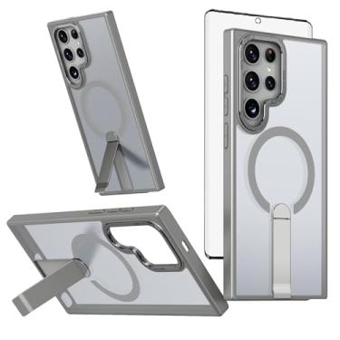 Imagem de Capa de celular para Samsung Galaxy S22 Ultra/S23 Ultra 5G com protetor de tela magnético e suporte rígido híbrido resistente S22ultra 22S S 22 S22ultra5g S23Ultra 23S S 23 23Ultra cinza