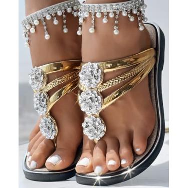 Imagem de Chinelos femininos rasos com estampa de flores de strass bico aberto alça de tecido oco confortável calçado casual de férias-gd-45