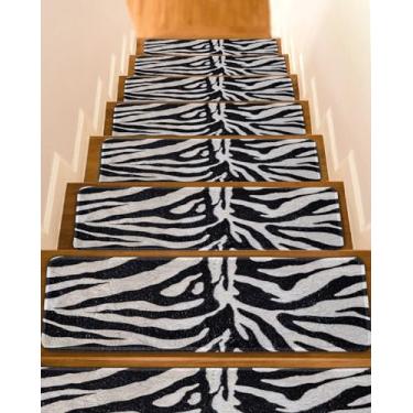 Imagem de Chees D Zone Passos de escada para degraus de madeira, estampa de pele vintage de zebra de fazenda, tapete antiderrapante para escadas, tapete de escada de arte abstrata com listras pretas 20 x 76 cm