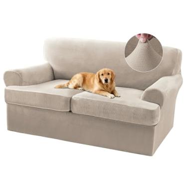 Imagem de Capa de sofá de 3 peças, capa de sofá em T para 2 almofadas, capa de sofá de veludo grosso, capas elásticas para móveis com 2 capas de almofada individuais, lavável (2 poltronas, carvalho francês)