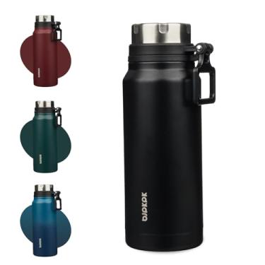 Imagem de BJPKPK Garrafa de água isolada de 946 ml com alça de aço inoxidável livre de BPA, garrafa de água grande reutilizável, preta