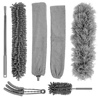 Imagem de ZFLYCANP Kit de espanador de microfibra com haste de extensão de aço inoxidável, kit de limpeza de espanador inclui escova de poeira de fenda, filtro de grelha, mini escova de poeira de chenille para