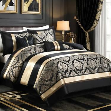 Imagem de CozyDH Conjunto de edredom queen de jacquard de luxo de 7 peças, medalhão damasco dourado preto, roupa de cama alternativa para todas as estações, com saia de cama, fronhas, 228 x 228 cm