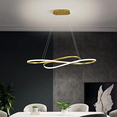 Imagem de Luminária pendente LED moderna para mesa de jantar, em metal dourado, com intensidade regulável e controle remoto. Ideal para sala de estar, restaurante e cozinha.
