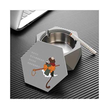 Imagem de Cinzeiro portátil para cigarro de cimento, com tampa, aço inoxidável, geométrico, cimento, cinzeiro, para uso interno ou externo, cinzeiro, presente (cor: argola dourada macaco cinza claro)