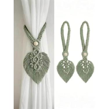 Imagem de Pacote com 2 laços de cortina de macramê Boho – Retentores de cortina em forma de folha feitos à mão, laços de cortina de corda tecida, tratamentos decorativos de janela para quarto e sala de estar