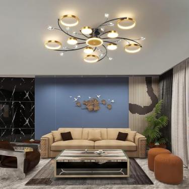 Imagem de Luminária de teto LED dimerizável com cristais, design criativo e personalizado para sala de estar, lustre de metal preto com controle remoto, ideal para restaurantes, ilhas de cozinha e qua