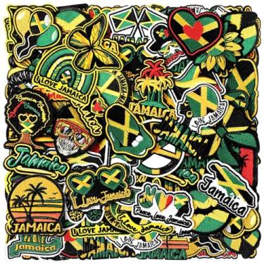 Imagem de Zeyune 72 peças de adesivos de ferro na Jamaica a granel bandeira da Jamaica bordado em ferro no chapéu remendo preto amarelo verde palmeira jamaicana apliques feriado costurado para chapéu, mochila