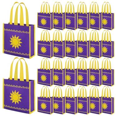 Imagem de Wesnoy 24 peças de sacolas de lembrancinhas de festa de princesas de 19 cm não tecidas com alças roxas e amarelas reutilizáveis para doces para festa de aniversário de princesa, suprimentos de chá de