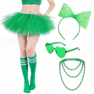 Imagem de ZhouBoat Conjunto de 5 peças de acessórios de fantasia de tutu verde para mulheres, com saia de tule de 5 camadas, faixa de cabeça, coração, óculos, meias, colar, fantasia, cosplay para dança, festa