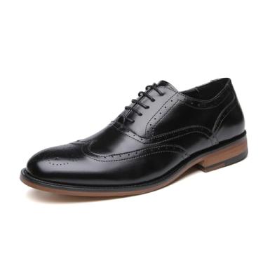 Imagem de Sapato social masculino de bico redondo com ponta de asa Brogue Oxford sapatos formais masculinos clássicos com cadarço couro PU sapatos de trabalho, Preto, 10.5