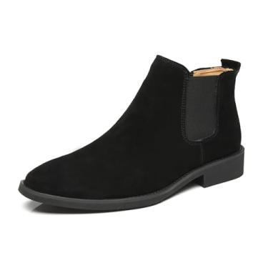 Imagem de Chelsea Botas masculinas casuais confortáveis sem cadarço, botas masculinas de camurça, Chelsea, botas masculinas de bico fino, botas sociais de couro PU, Pele preta, 43 BR
