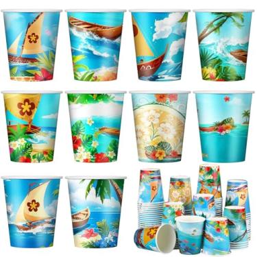 Imagem de Tanlade 100 peças de copos de papel descartáveis para festa de 255 g com tema havaiano de praia de desenho animado para decoração de chá de bebê com tema de praia de verão luau