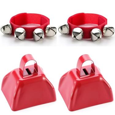 Imagem de Homelavie 2 sinos de vaca e 2 peças para fazer barulho, percussão à mão, 7,6 cm para eventos esportivos, jogos de futebol, celebrações, casamento, torcida, festa, espírito, maratona (vermelho)
