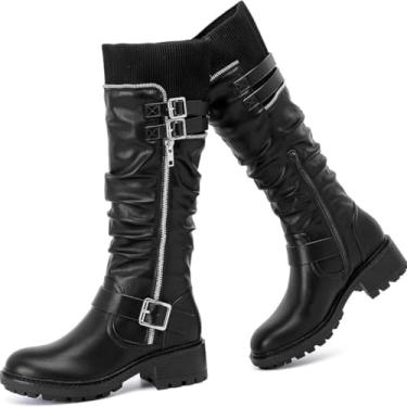 Imagem de Feinlina Botas de equitação femininas pretas na altura do joelho, bico redondo, salto grosso, fivela elástica com zíper lateral, Preto, 35