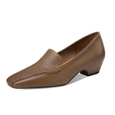 Imagem de TinaCus Mocassins femininos de bico quadrado sem cadarço, couro legítimo, feito à mão, salto baixo, Marrom, 40