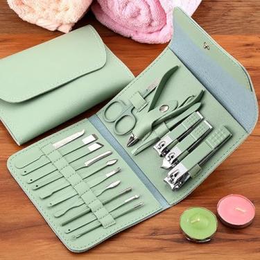 Imagem de Kit profissional de manicure e pedicure, 16 peças, kit de cortador de unhas de aço inoxidável com estojo dobrável verde, kit de cuidados com as unhas, para homens, mulheres, casa, viagem, ferramentas
