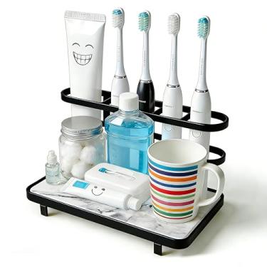 Imagem de Suportes de escova de dentes elétricos para banheiros, organizador de balcão de banheiro com tapete de terra de diatomáceas de secagem rápida, 5 compartimentos para escova de dentes e suporte de pasta