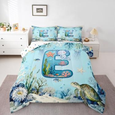 Imagem de Erosebridal Jogo de cama infantil, tamanho casal, com letra E personalizada, para meninos e meninas, adolescentes, azul, desenho animado, axolote, kawaii, salamandra, oceano, colcha
