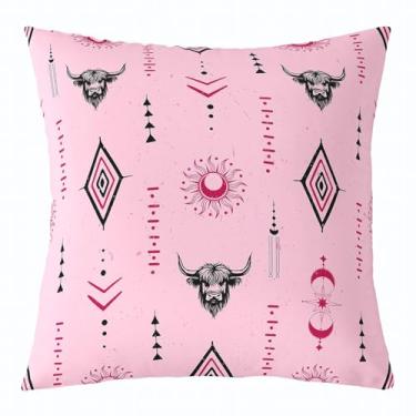 Imagem de jejeloiu Capas de almofada rosa do sudoeste asteca 45,7 cm x 45,7 cm macias crianças boêmias decoração boho fronhas para meninos meninas adolescentes highland vaca geométrica rústica ocidental sol lua