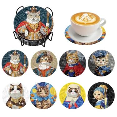 Imagem de EGUARTE Kit de porta-copos de arte de diamante, pacote com 8 - conjunto de porta-copos de pintura de diamante de gato mandala, kit de artesanato DIY para adultos, presente criativo feito à mão