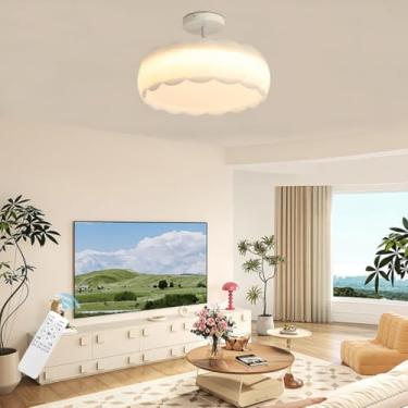 Imagem de Luminária de teto LED e lustre, 48W/58W, 3000K-6000K, dimerizável, estilo nórdico creme, luminária de embutir/semiembutir, Ø42/52cm, controle remoto, para sala de estar/quarto/escritório (br