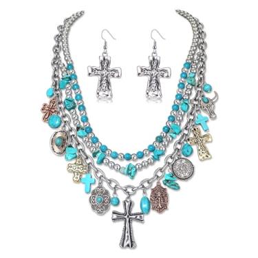 Imagem de ZITULRY Conjunto de joias de turquesa ocidental para mulheres, vintage, prata, turquesa, cruz, chapéu de caubói, cabeça de touro, miçangas, gargantilha em camadas, brincos pendentes de cruz, boho