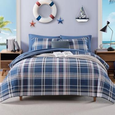 Imagem de AMBERSPACE Conjunto de edredom xadrez, tamanho casal, azul médio, 7 peças, para meninos, meninas, adolescentes, cama leve em uma bolsa para dormitório, com lençóis, fronhas e fronhas
