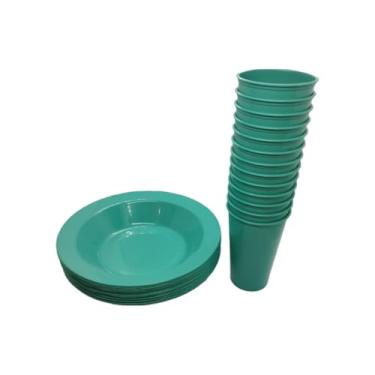 Imagem de Kit 15 Copos 300ml + 15 Pratos Fundos de Plástico – Festas, Merenda Escolar e Uso Infantil Seguro(15 Pratos Redondos + 15 Copos,Verde)