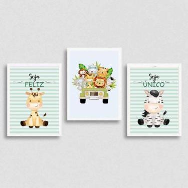 Imagem de Kit 3 Quadros Safari Infantil 24x18cm - Madeira Branca