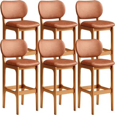 Imagem de Kit 06 Banquetas Alta Para Cozinha Madeira Fixa Betta L02 Imbuia Couríssimo Camel - Lyam Decor