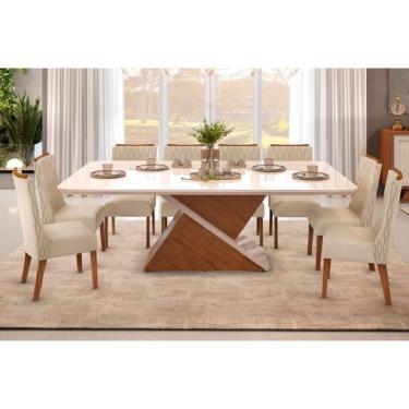 Imagem de Sala De Jantar Zafira Tampo Madeirado Com Vidro Curvo 200x100cm E 8 Cadeiras Jade Freijo Off White Linho Neve