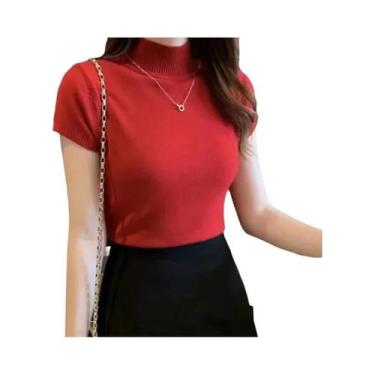 Imagem de Suéter Feminino De Tricô Gola Alta Slim Fit Manga Curta Estilo Coreano