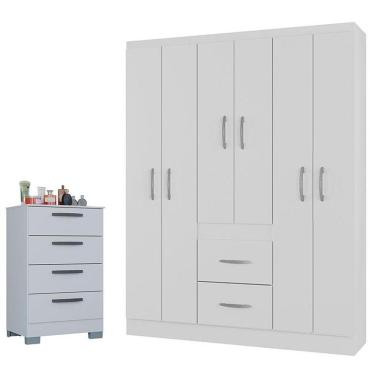 Imagem de Cômoda 867 4 Gavetas Com Guarda Roupa Casal Milão 6 Portas Branco Brilho - Poquema